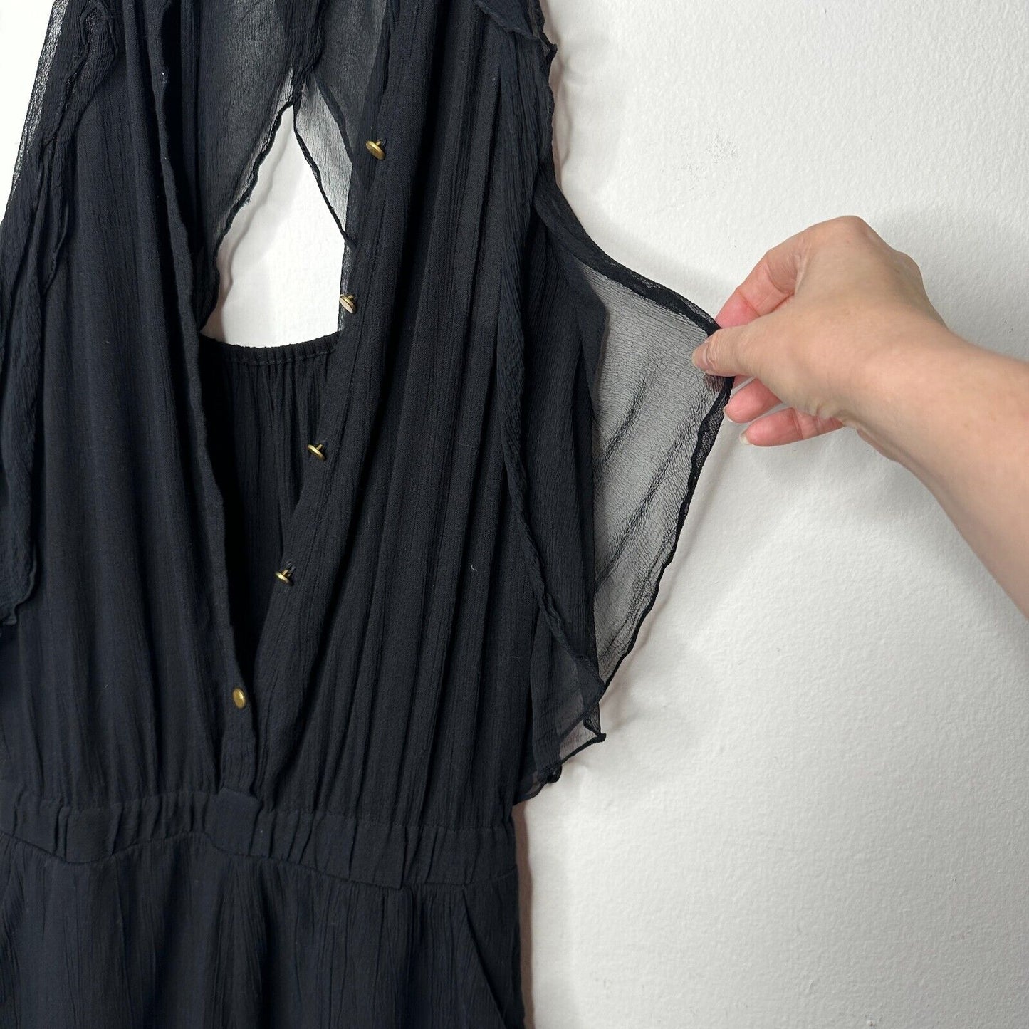 Revolve Ella Moss Black Piana Romper Tie Closure Ruffle Trim Back Cut Out S