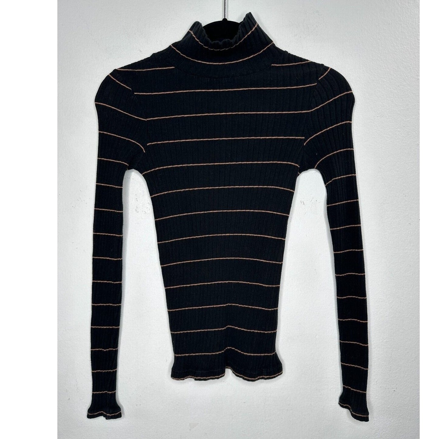Vince Casual Black With Tan Stripe Ribbed Knit Turtleneck Long Sleeve Sweater XS