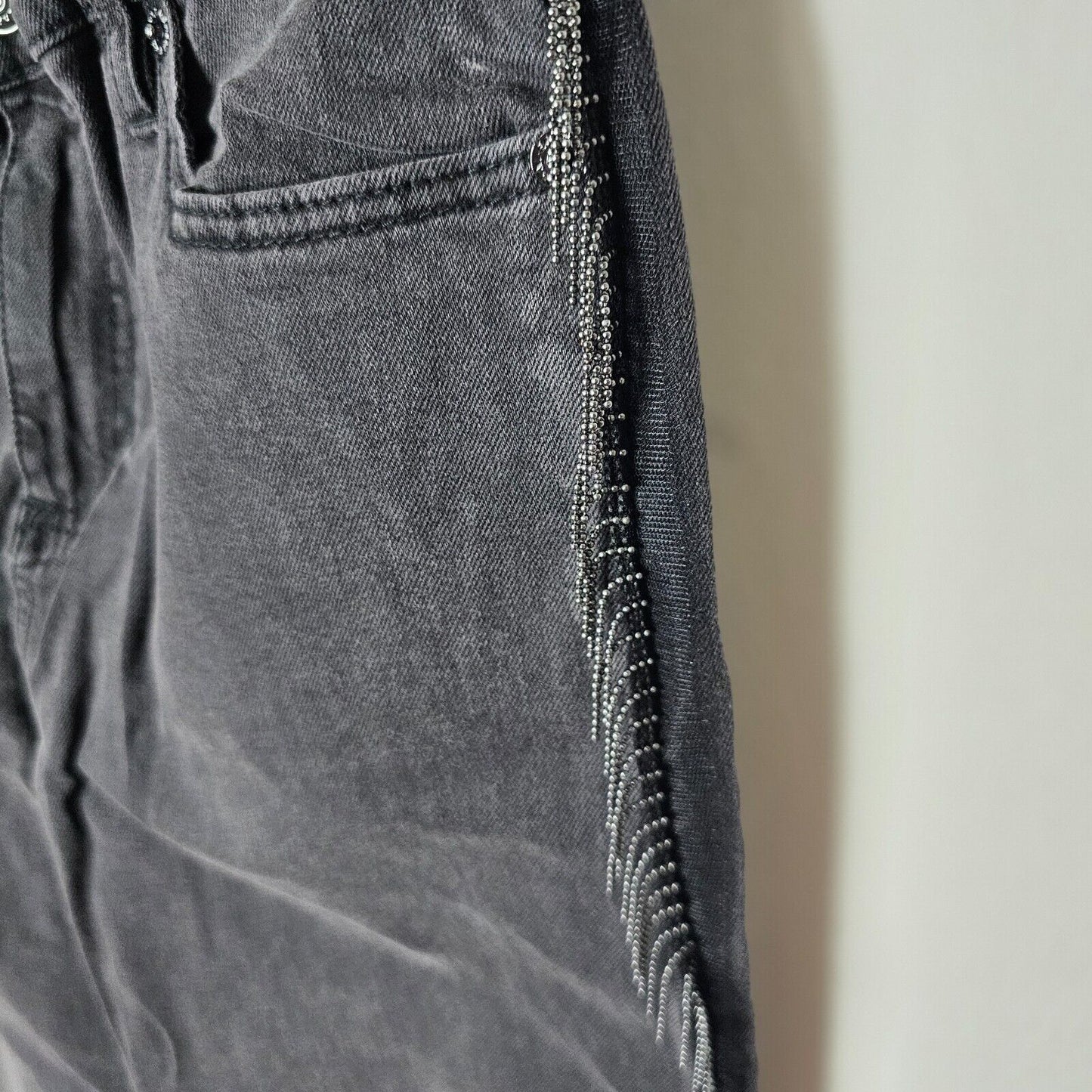 NWOT Armani Exchange Dark Gray J04 Wide Cropped Silver Beaded Fringe Jean 28R