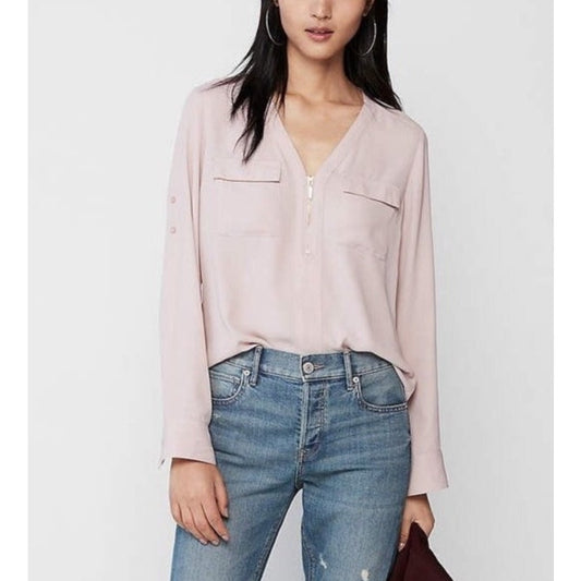 Express Pale Peach Two Pocket Zip Front Roll Tab Sleeve Popover Top M