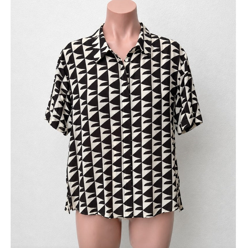 Matteau Cream Brown Geometric Silk Button Front Shirt US 10