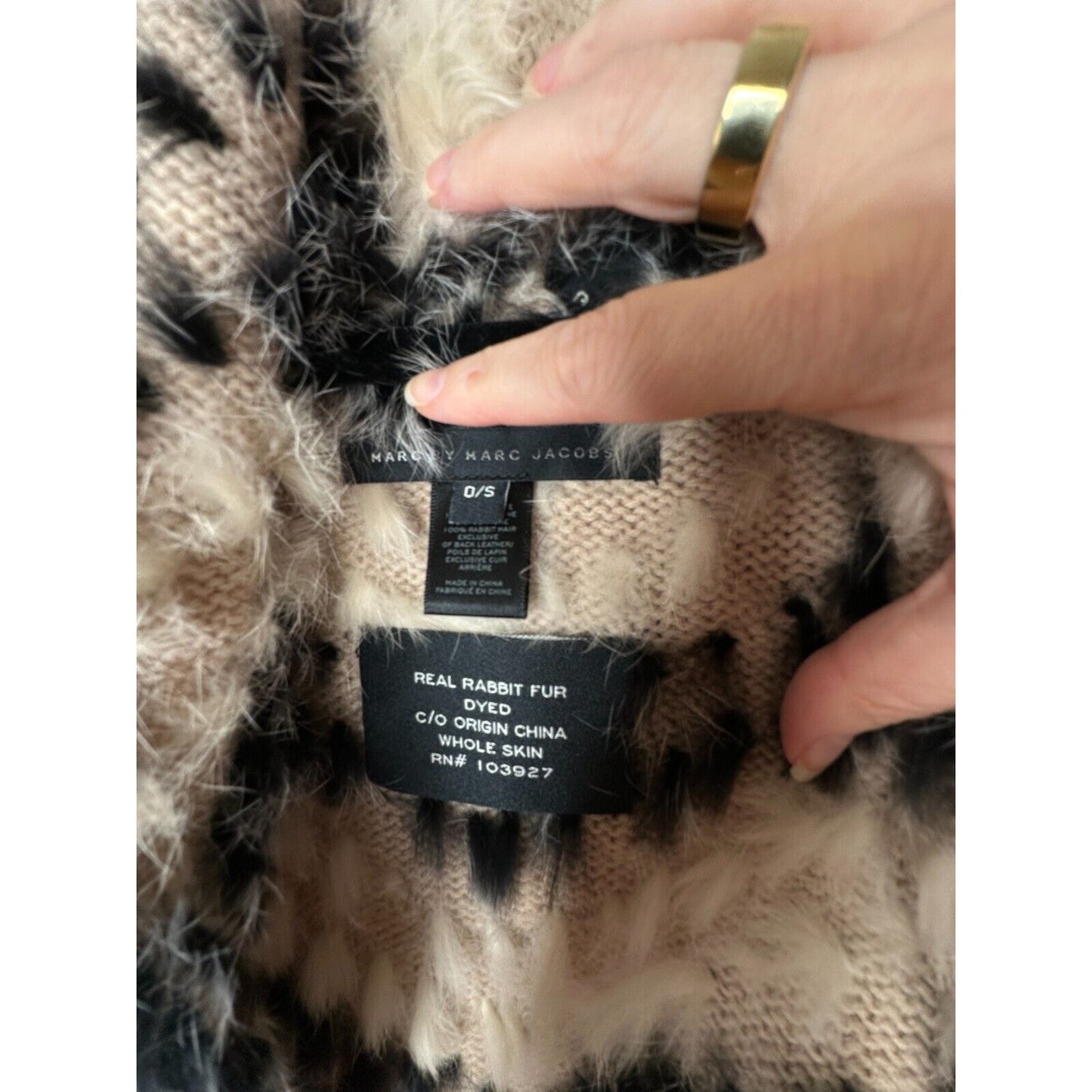 Marc by Marc Jacobs Cream Black Striped Knitted Soft Rabbit Fur Pocket Vest OS