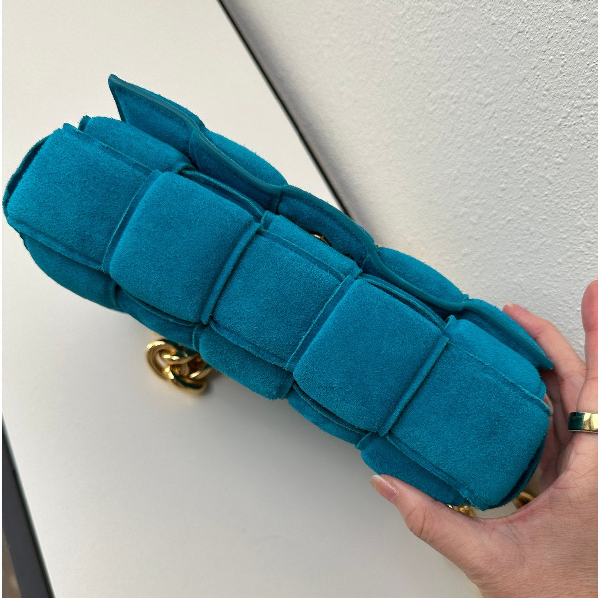 NWOT Bottega Veneta Chain Cassette Bag – Turquoise Suede with Gold-Tone Chain