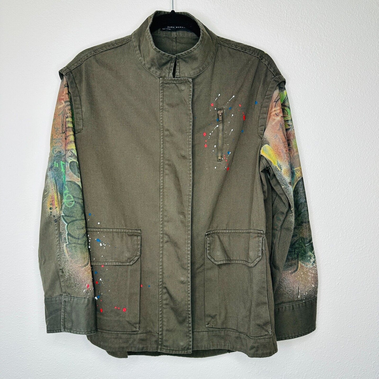 Zara Army Green Grafitti New York Jungle Oversize Zip Utility Jacket 100% Cotton