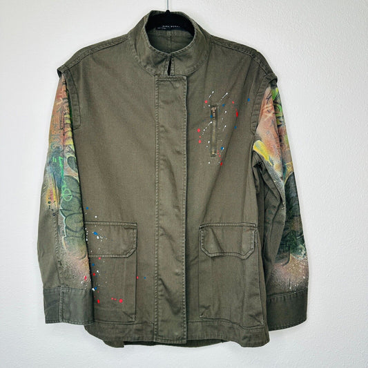 Zara Army Green Grafitti New York Jungle Oversize Zip Utility Jacket 100% Cotton