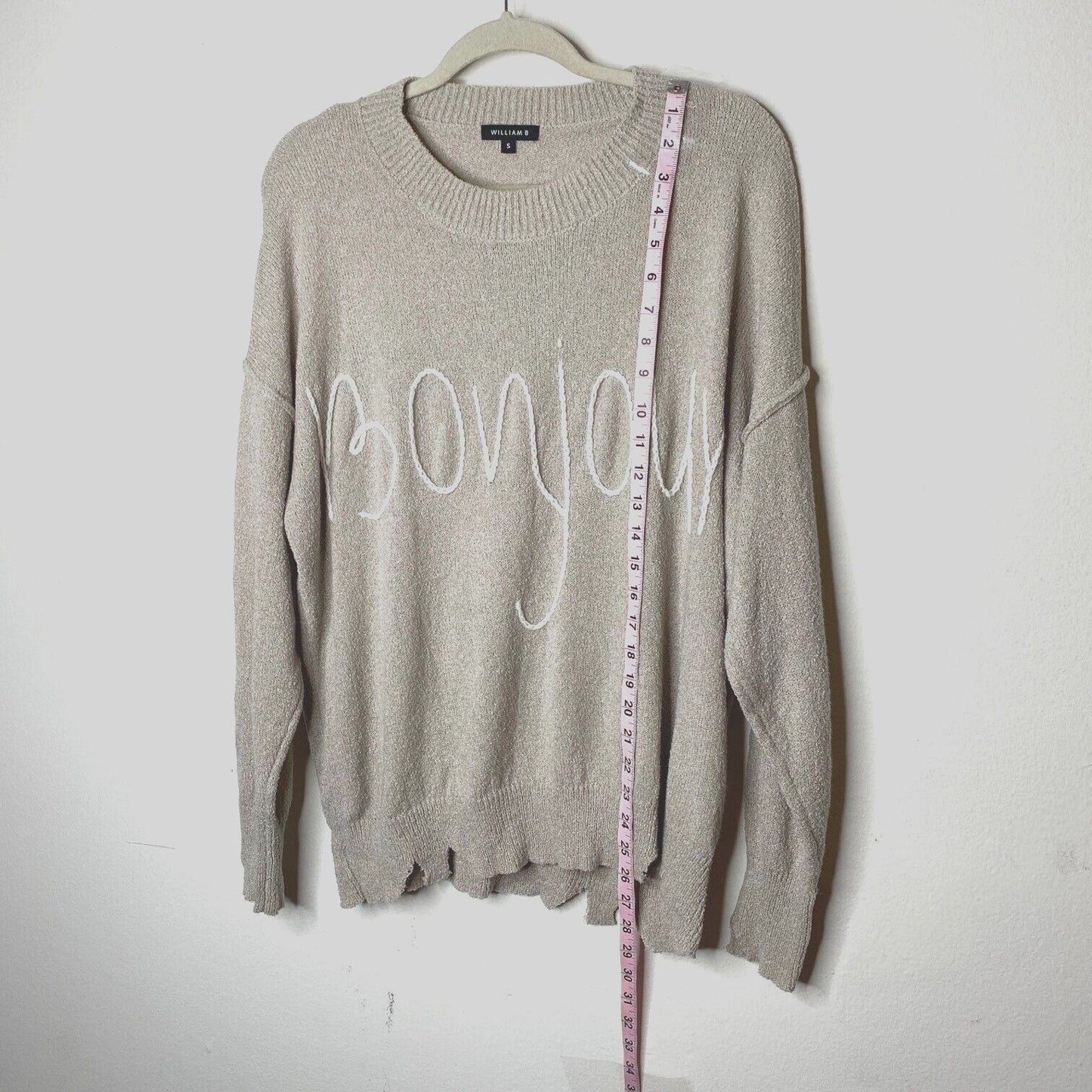 William B Taupe Bonjour Embroidered Oversize Distressed Sweater Long Sleeve S