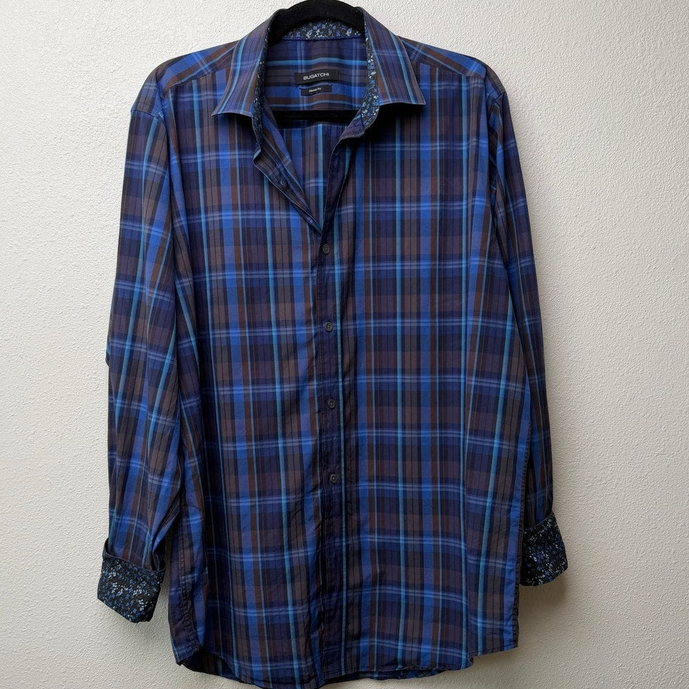 Bugatchi Plaid Button Front Shirt Blue Brown Gray Men’s L