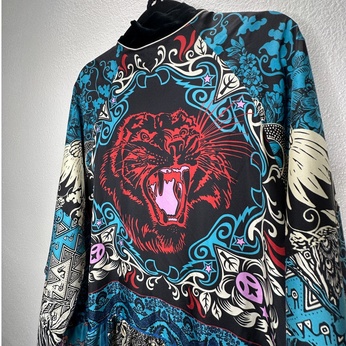 F.R.S. Cream Black Blue Red Multi Bird Floral Tiger Print Kimono M