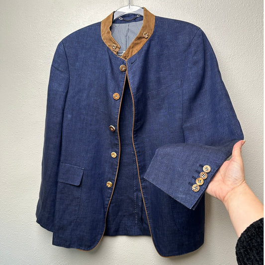 Windsor Men’s Stand-Collar Blue Blazer US 34 (EU 44) Suede Trim