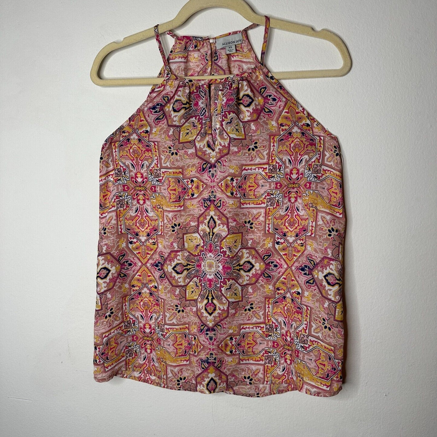 Allison Joy Cute Pink Yellow Blue Aztec Print Sleeveless Halter Neck Blouse XS