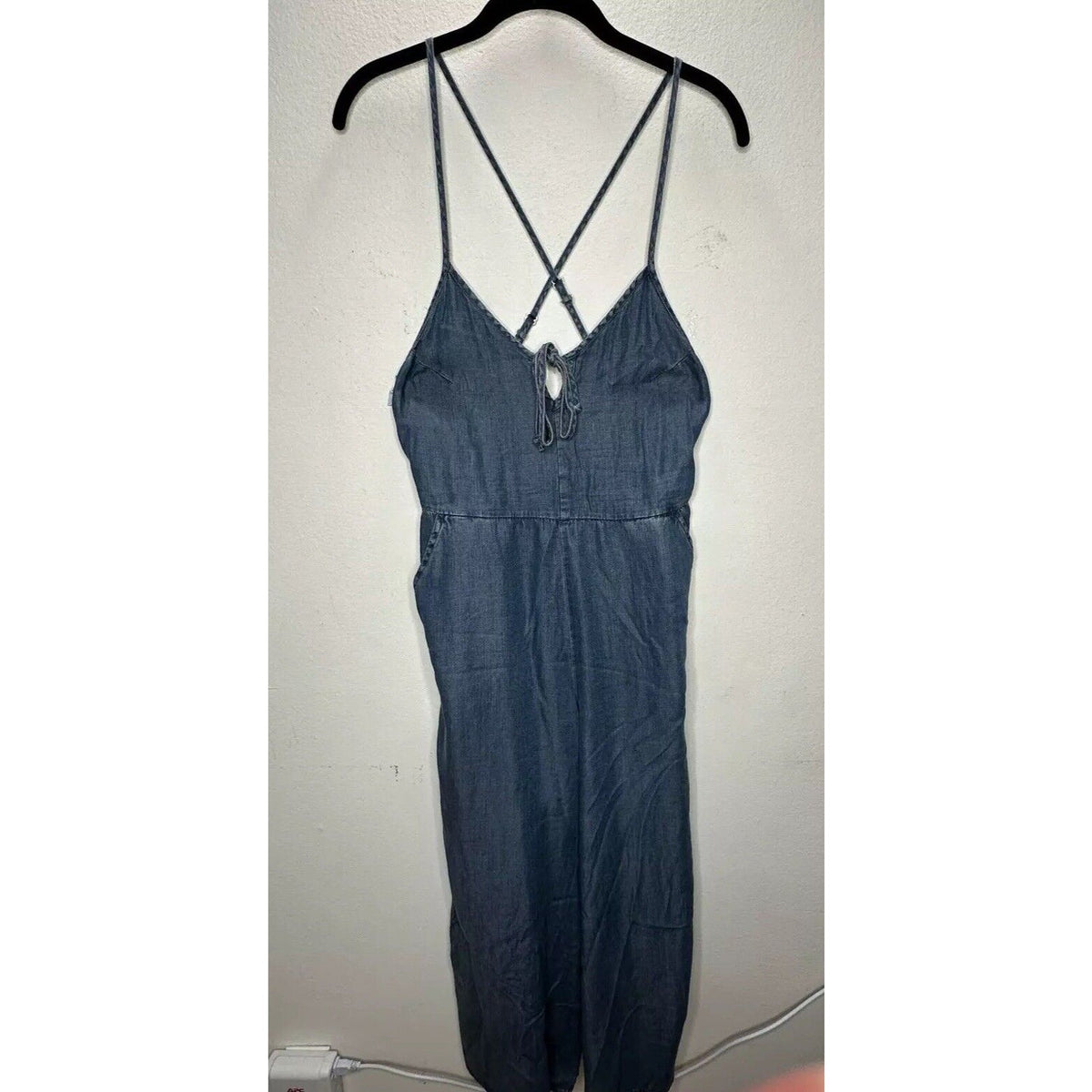 Lovestitch Medium Wash Blue Wide Leg Spaghetti Strap V-Neck Front Tie Jumpsuit S