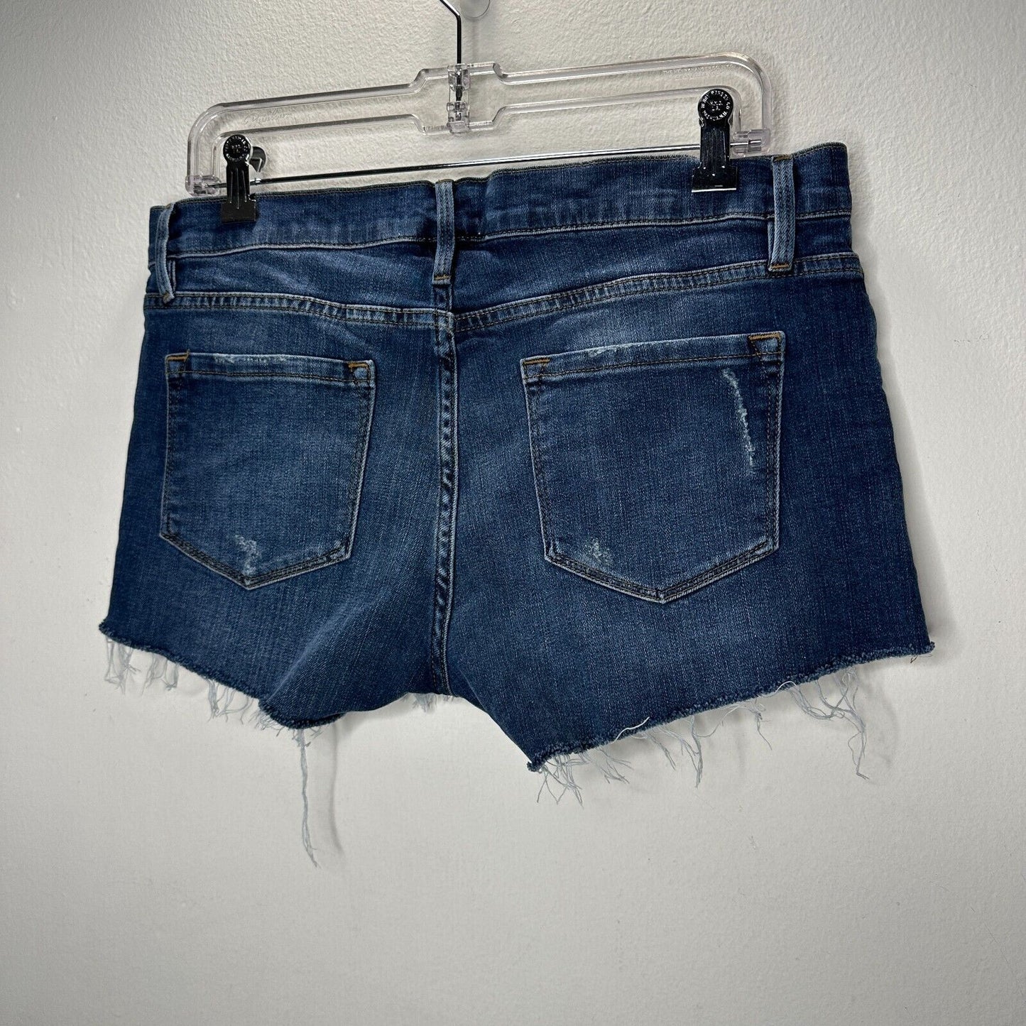 Frame Le Cutoff Medium Blue Wash Distressed Raw Hem Front Zip Jean Shorts 31