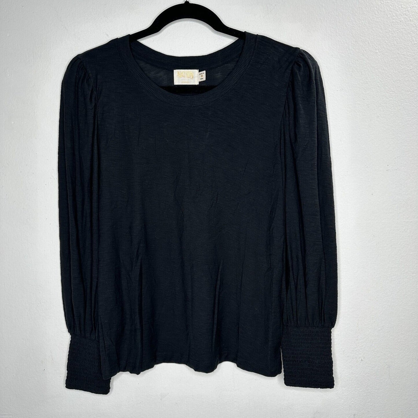 Nation LTD Black Balloon Puff Sleeve Smocked Wrist Round Neck Flowy Blouse M