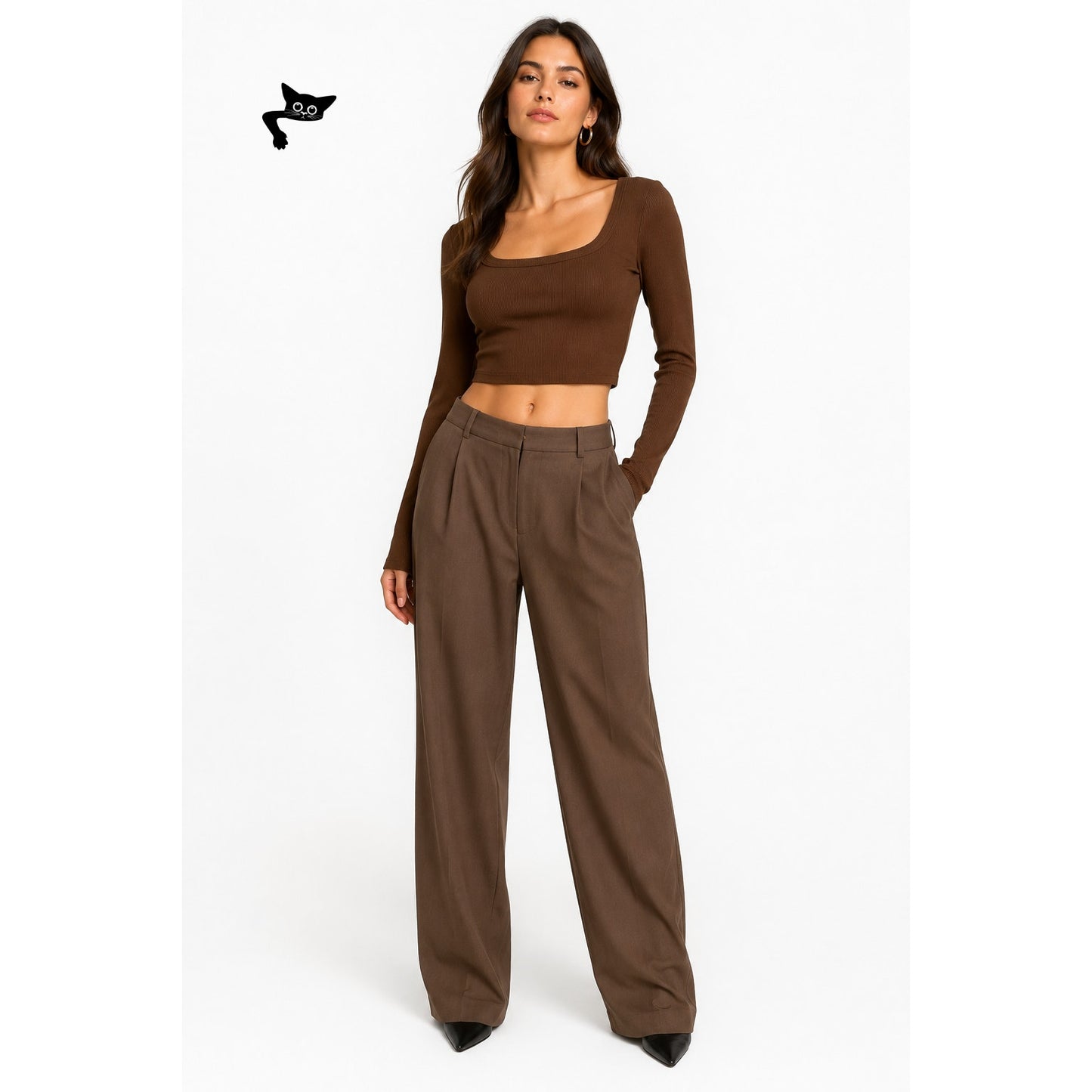 SHEIN Brown Ribbed Long Sleeve Square Neck Crop Top Size L