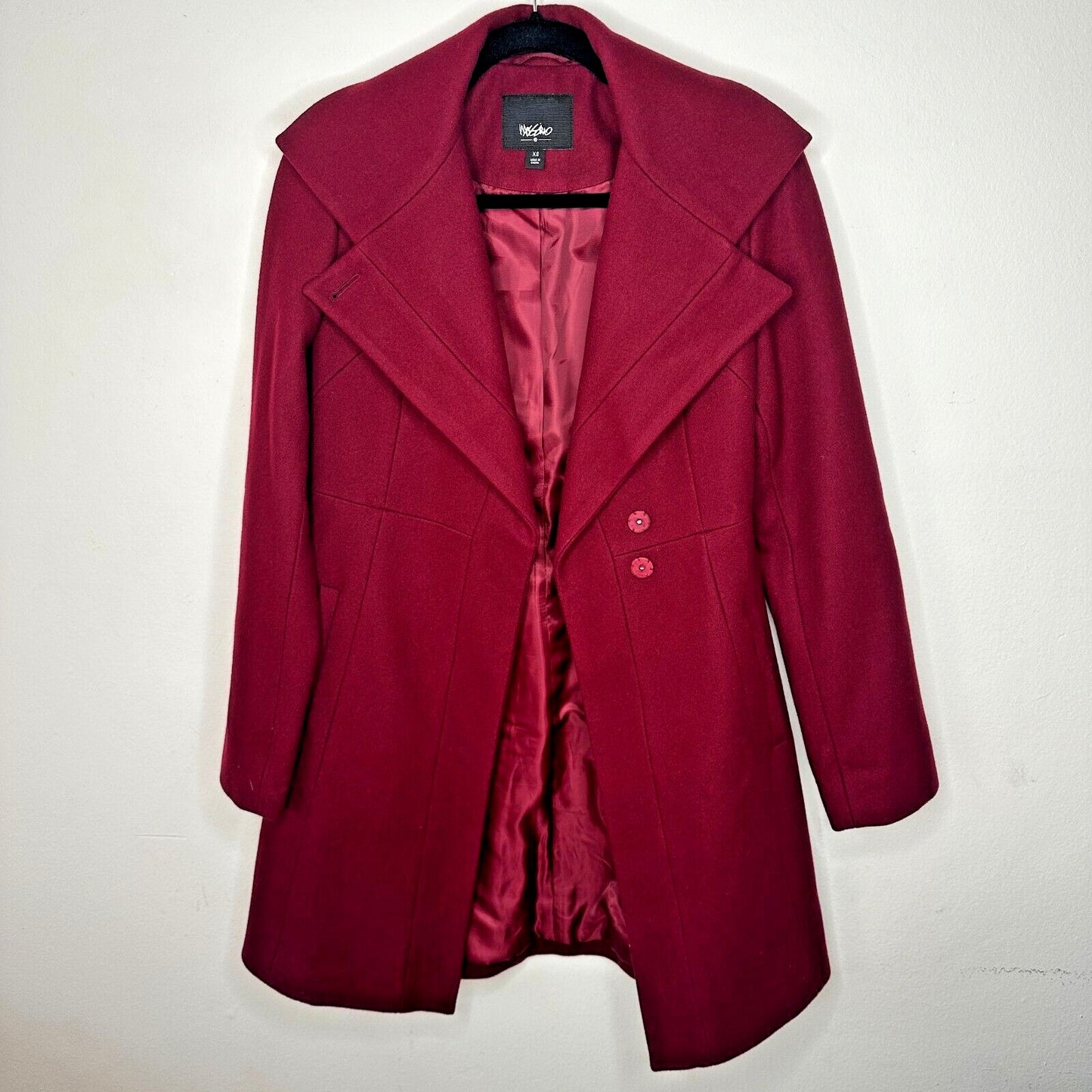 Mossimo Burgundy Red Wool Fitted Long Line Front two Button Coat Welt Pockets XS