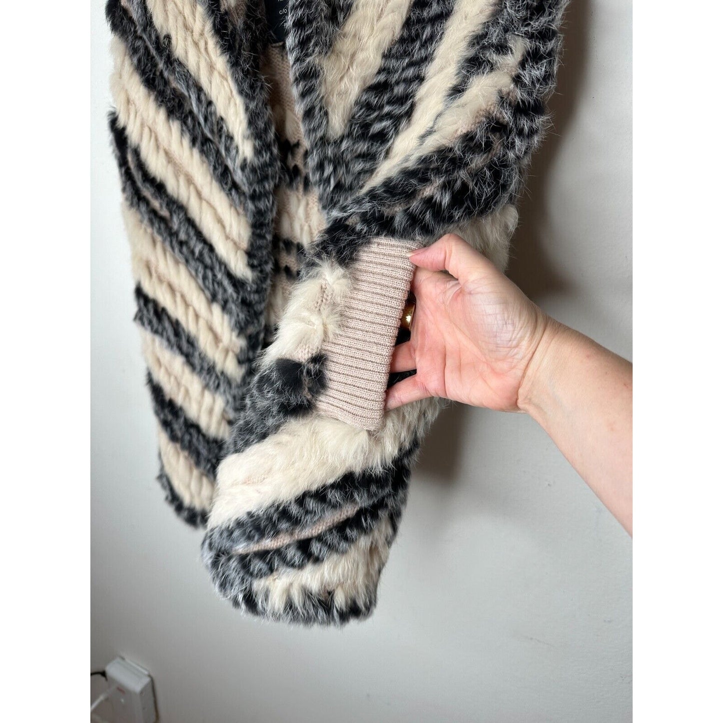 Marc by Marc Jacobs Cream Black Striped Knitted Soft Rabbit Fur Pocket Vest OS