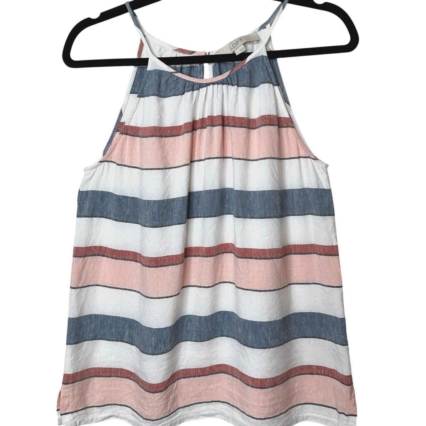 Loft Gray White Pink Stripe Linen Blend Halter Neck Sleeveless Blouse Keyhole SM