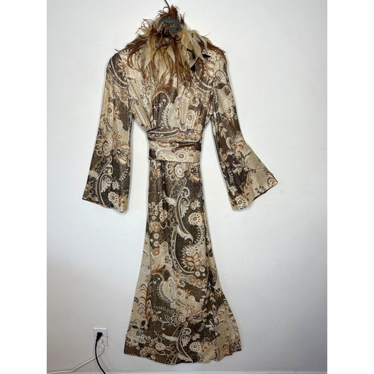 BILL BLASS Vintage 70s Couture Metallic Gold Lurex Knit Dress Ostrich Feather SM