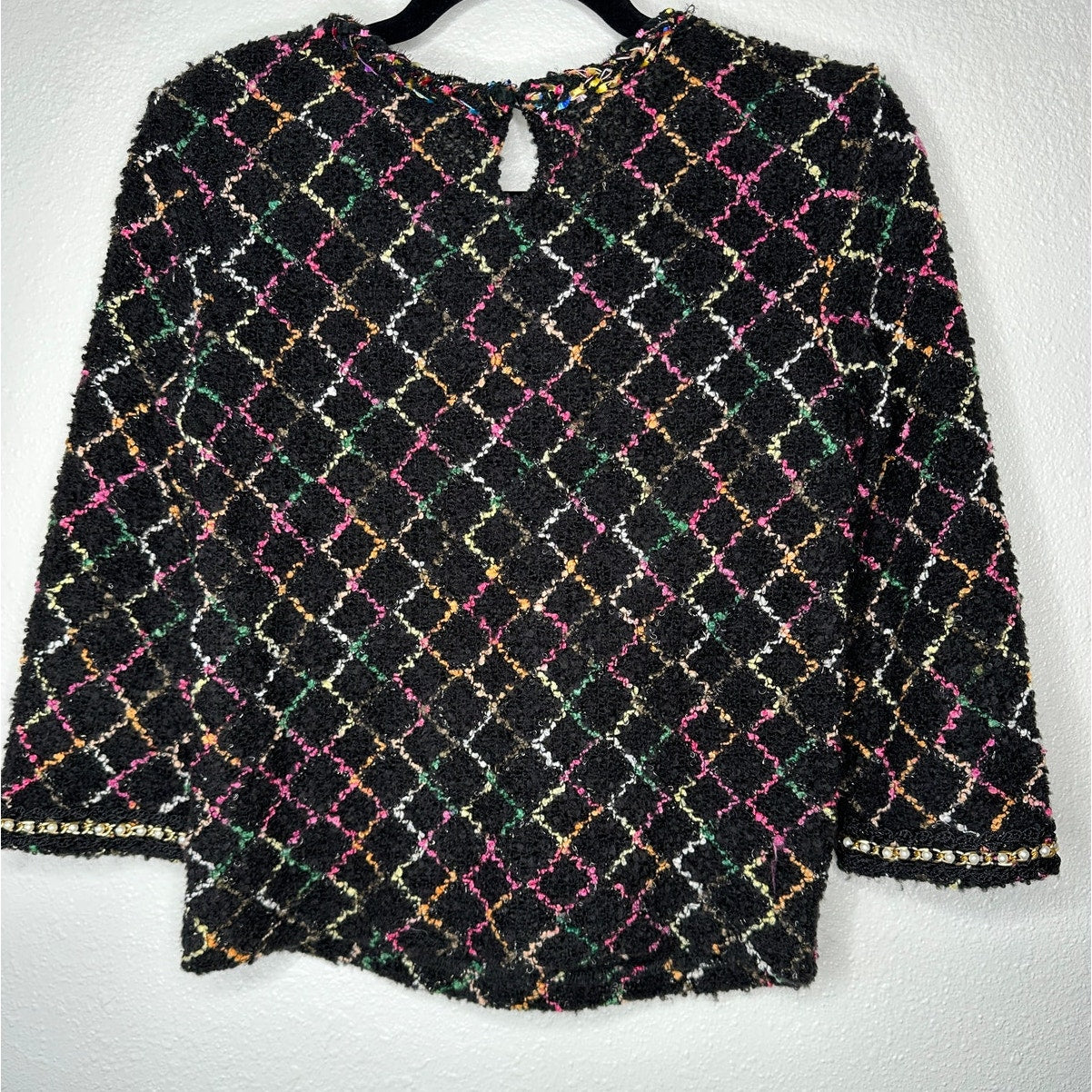 Zara Black Multicolor Boucle Knit Sweater with Pearl Detail on Sleeves Top S