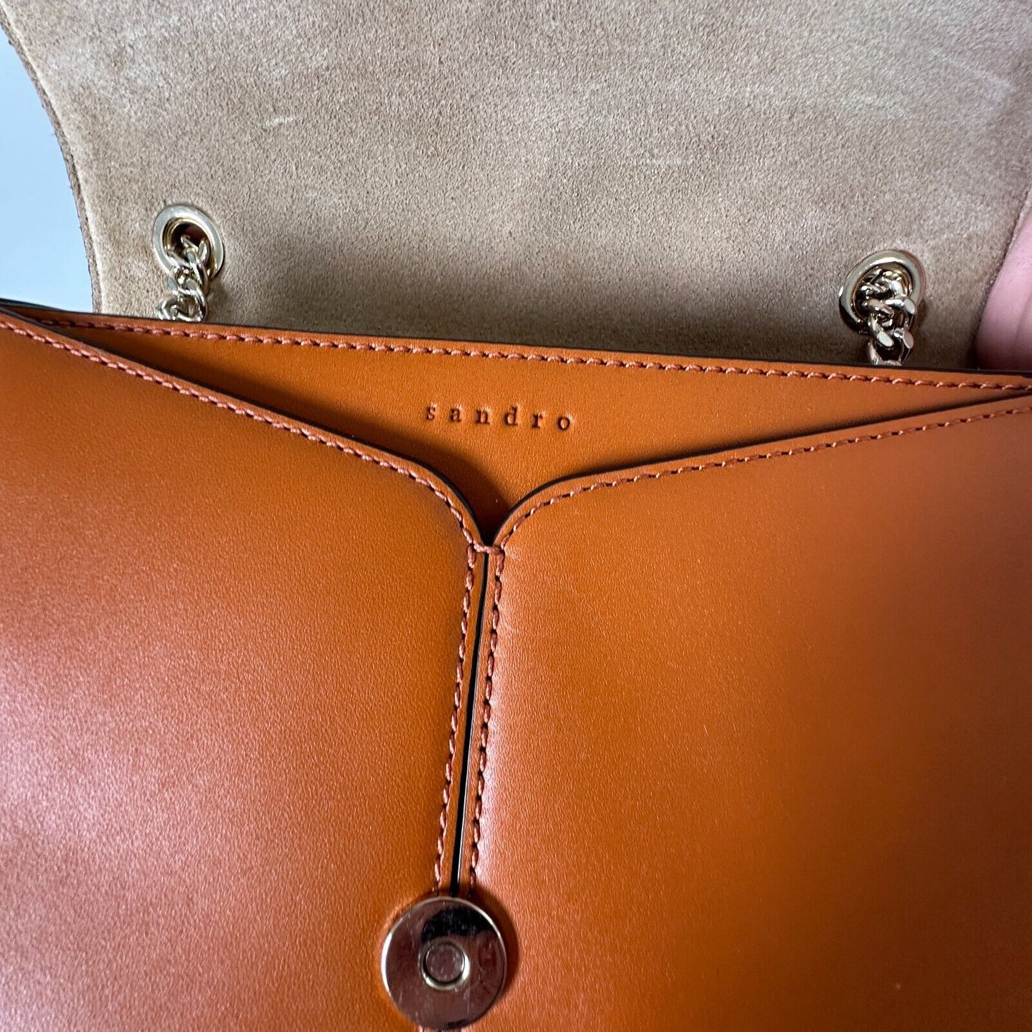 NWOT Sandro Camel Leather Crossbody Bag Lou MM Curcuma Adjustable Strap Purse