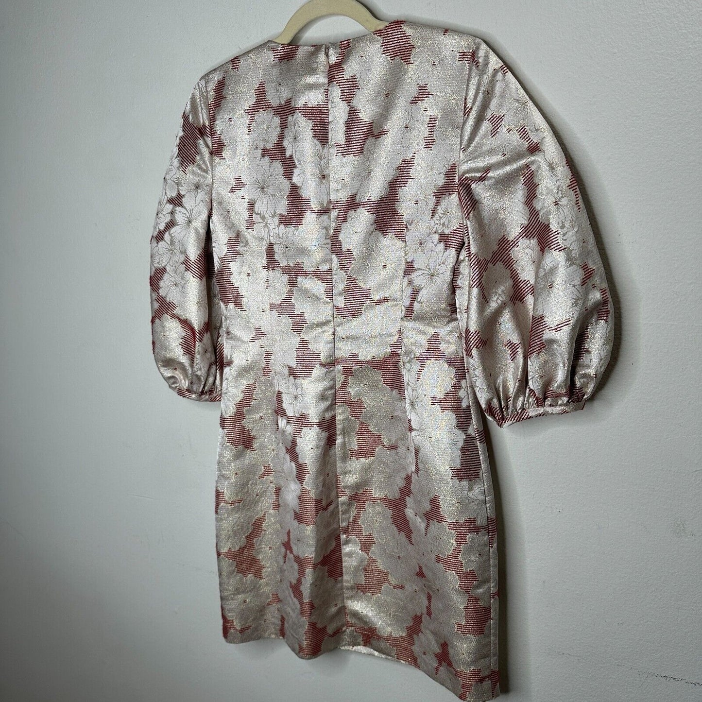 Belle Badgley Mischka Red & Gold Metallic Stripe Floral Balloon Sleeve Dress 2