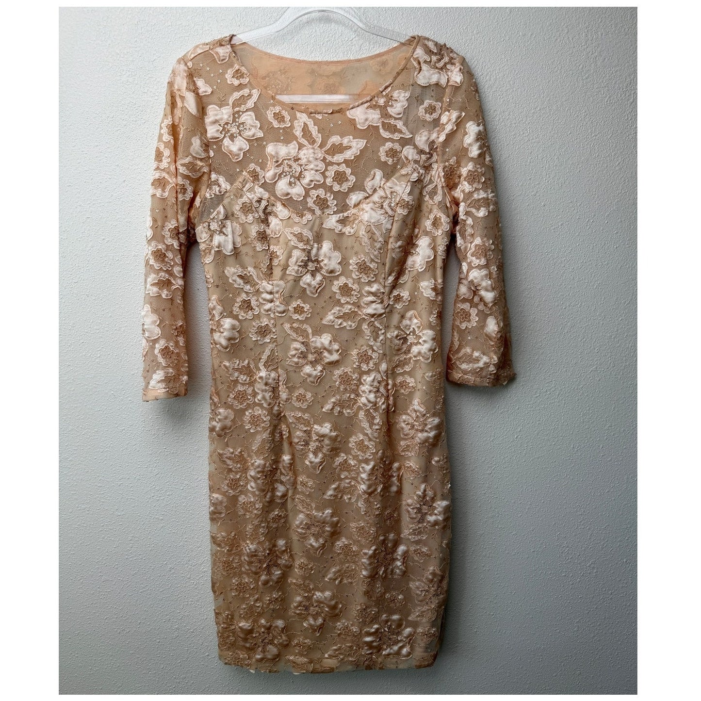 NWT Sue Wong Copper Lace Sheer Mesh Dress 3/4 Sleeve Floral Satin Size 14