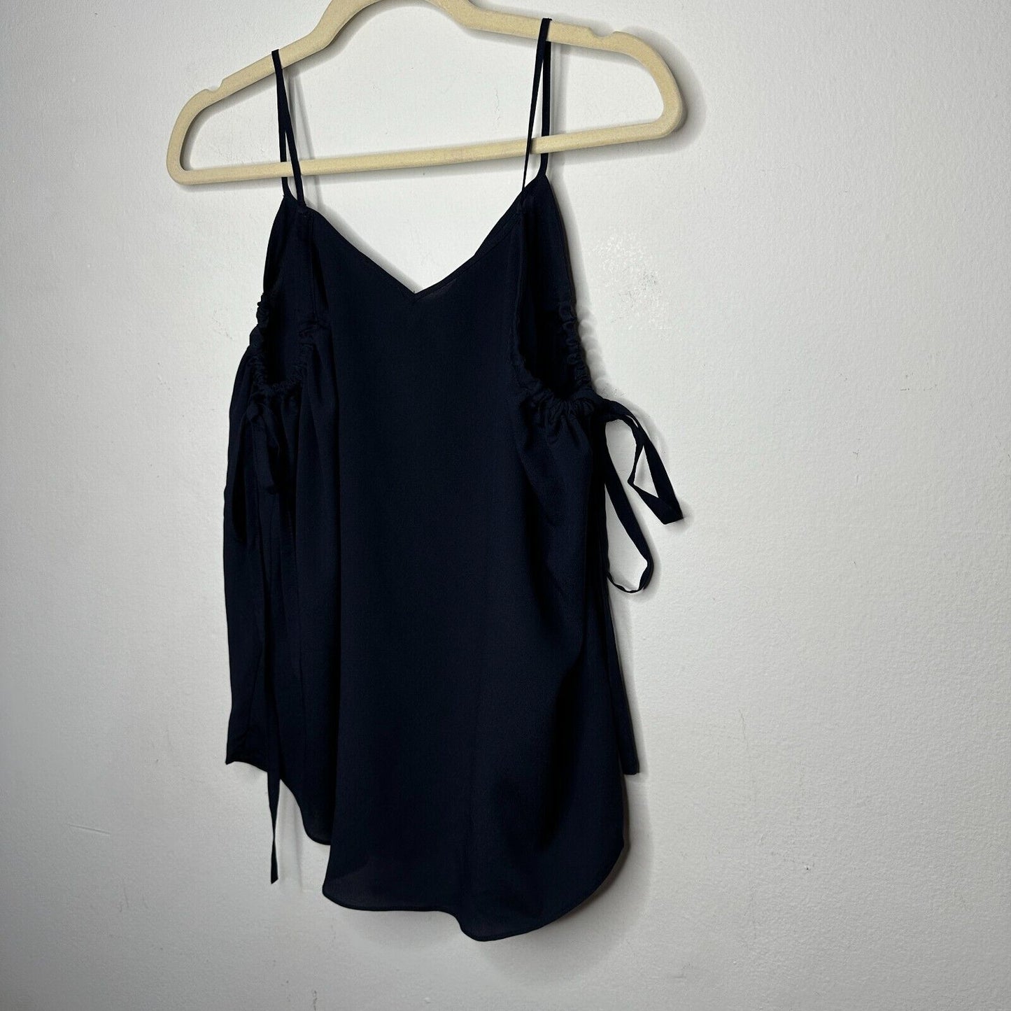 Fora Black Spaghetti Strap V-Neck Cami Ruche & Tie Under Arms Flowy Tank Top S