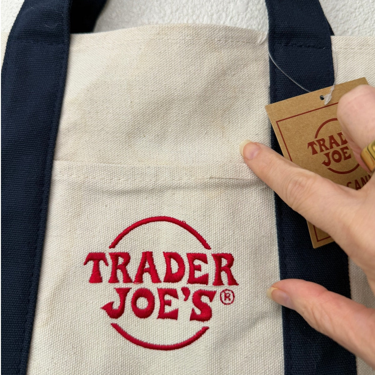 NWT Trader Joe’s Mini Canvas Tote Bag Navy Cream Red Logo Grocery Shopper