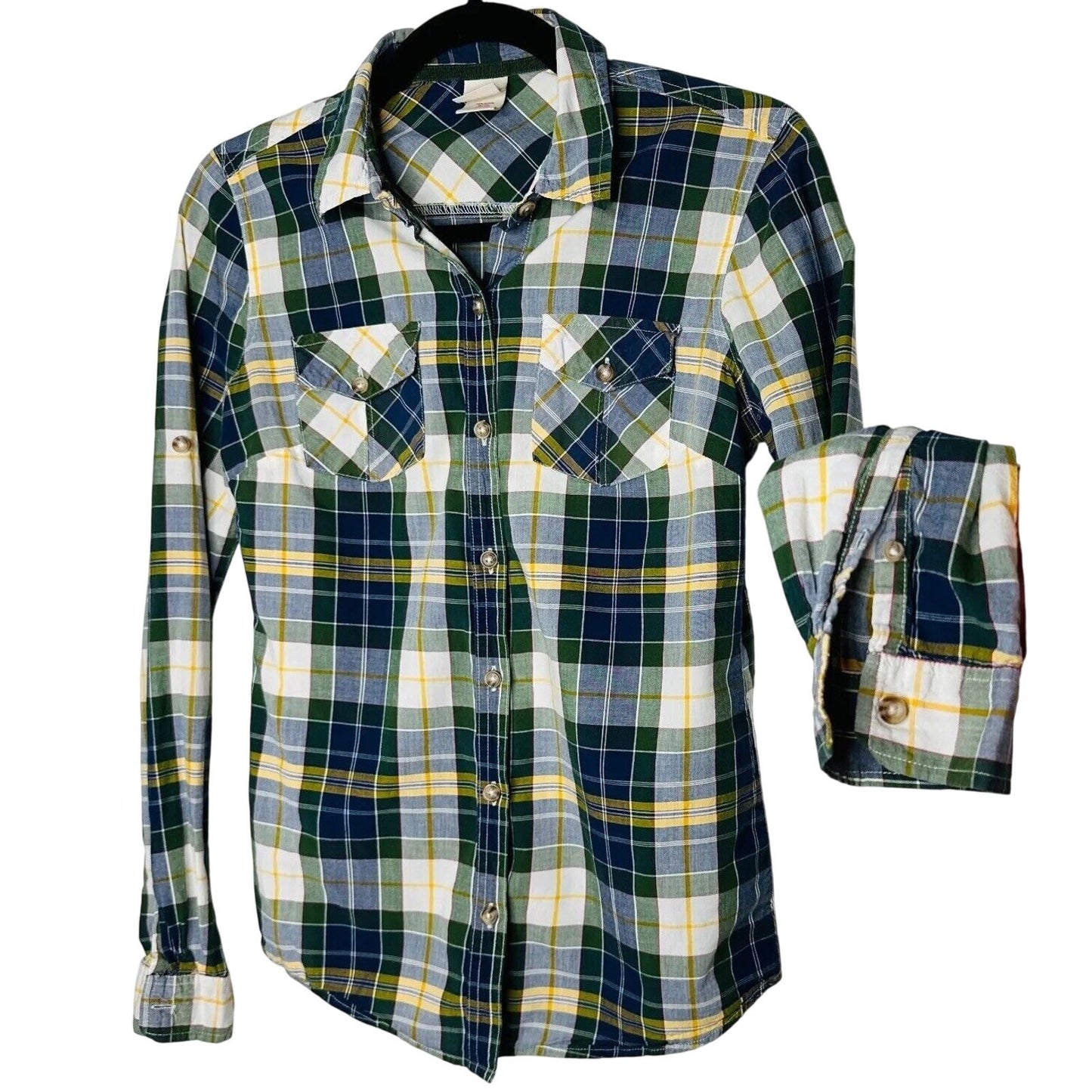 Mossimo Supply Green Blue Yellow White Plaid Button Front Long Sleeve Shirt SM