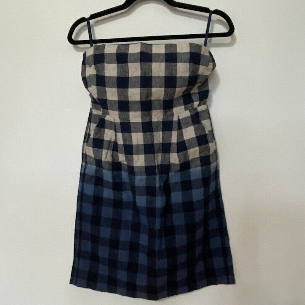 Gap Cute Plaid Linen Tan Black Blue Navy Ombre Strapless Dress Side Pockets 2