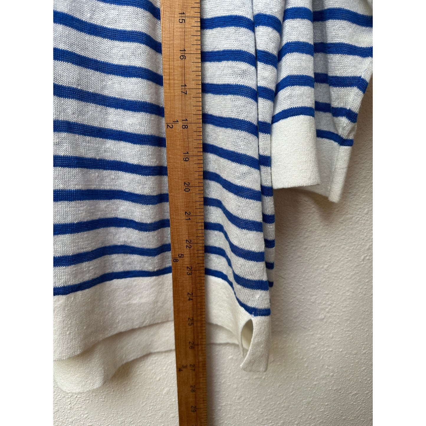 Poetry Ivory Blue Striped Linen Knit Collared V-Neck Boxy Sweater US 12