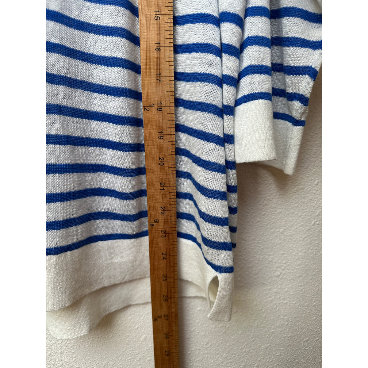 Poetry Ivory Blue Striped Linen Knit Collared V-Neck Boxy Sweater US 12
