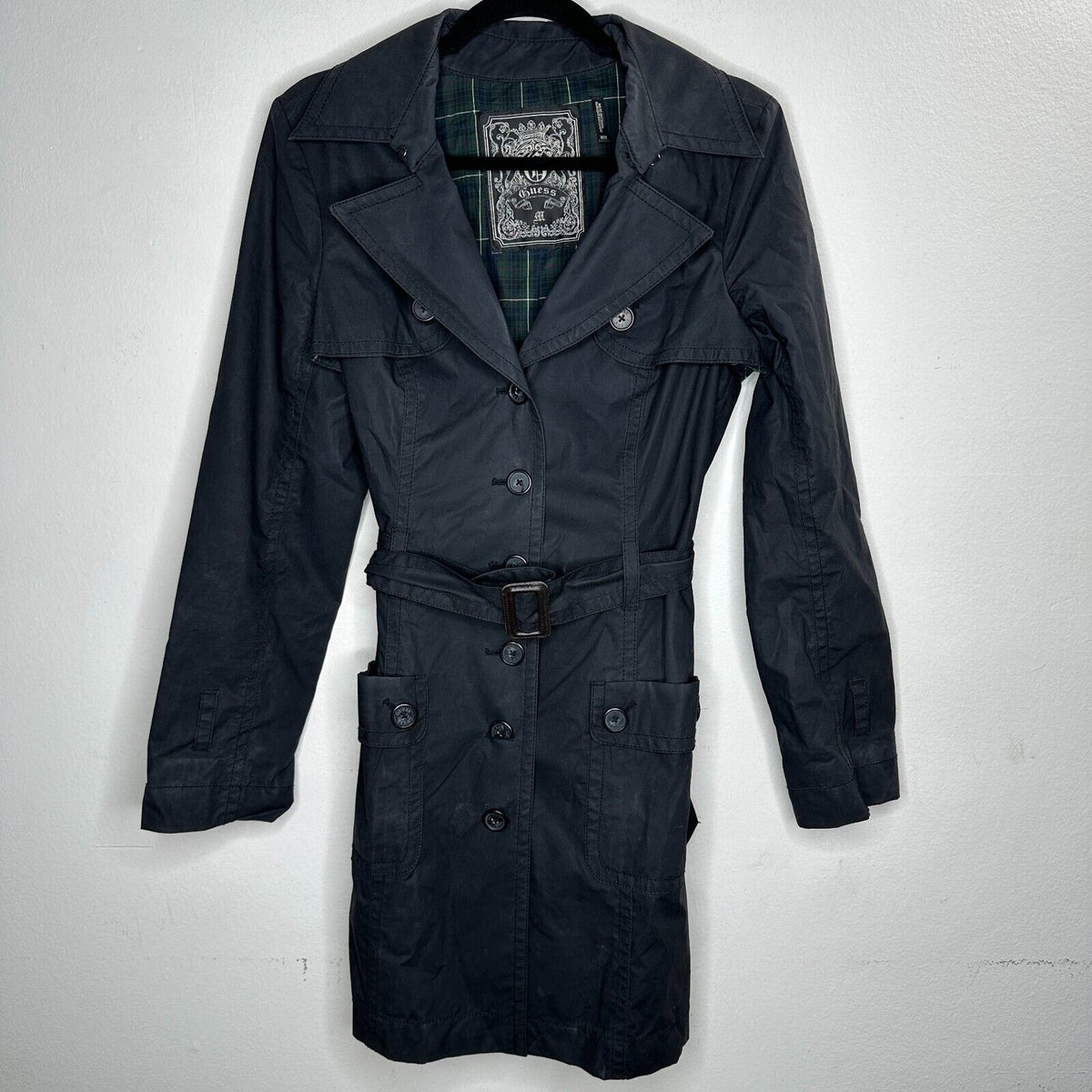 Guess Black Button Down Belted Trench Coat Navy and Green Plaid Interior M