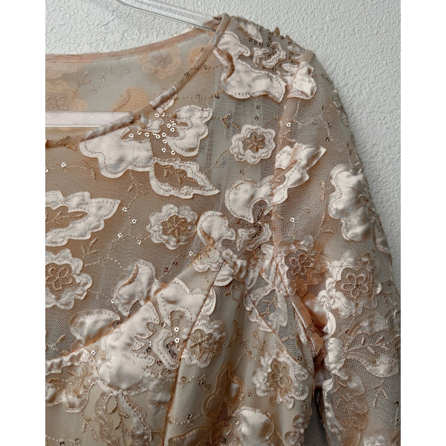NWT Sue Wong Copper Lace Sheer Mesh Dress 3/4 Sleeve Floral Satin Size 14