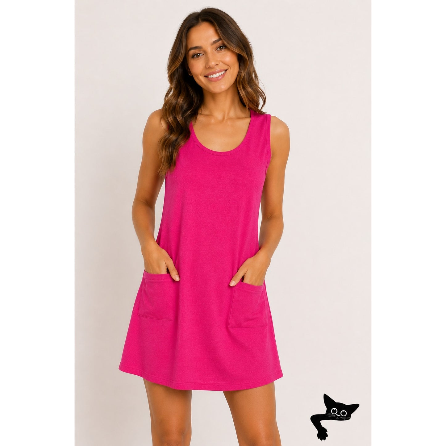 Sleeveless Hot Pink Stretch Knit Tank Mini Dress Scoop Neck Front Patch Pocket M