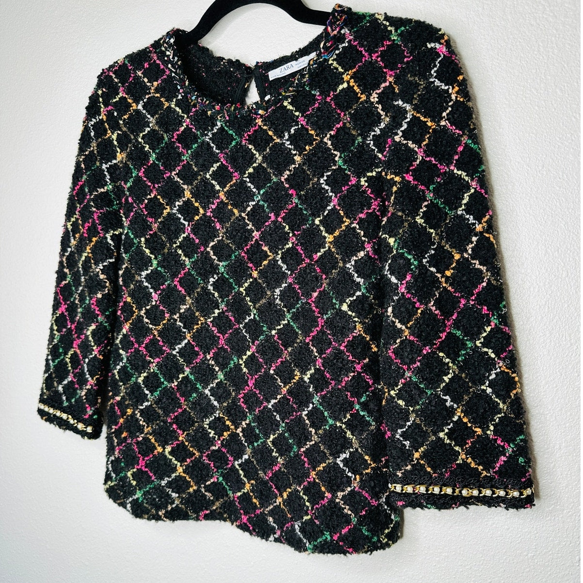 Zara Black Multicolor Boucle Knit Sweater with Pearl Detail on Sleeves Top S
