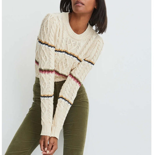 Veronica Beard Bruna Cream Black Multi Stripe Chunky Knit Long Sleeve Sweater M