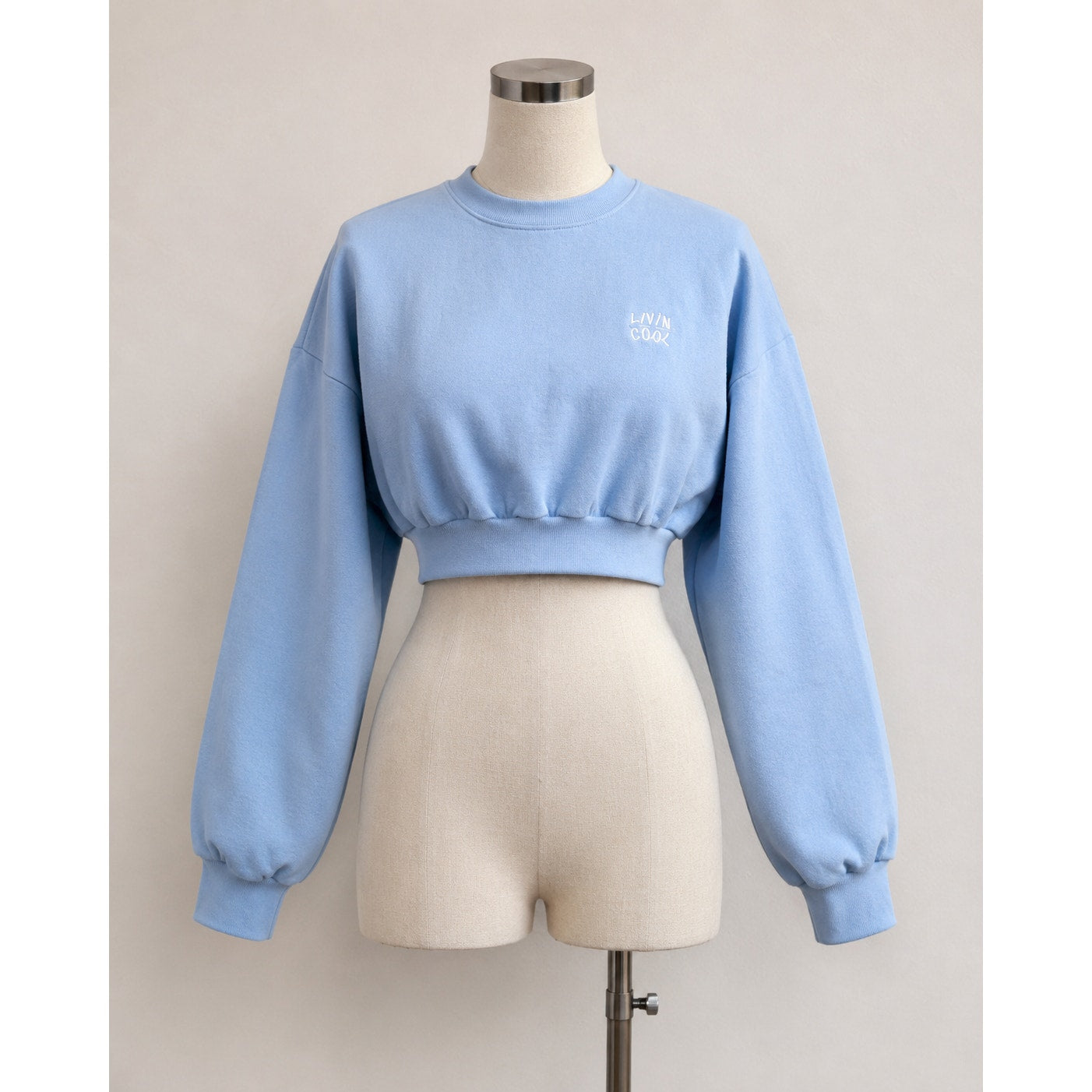 NWOT Living Cool Baby Blue Embroidered Wavy Logo Cropped Long Sleeve Sweatshirt