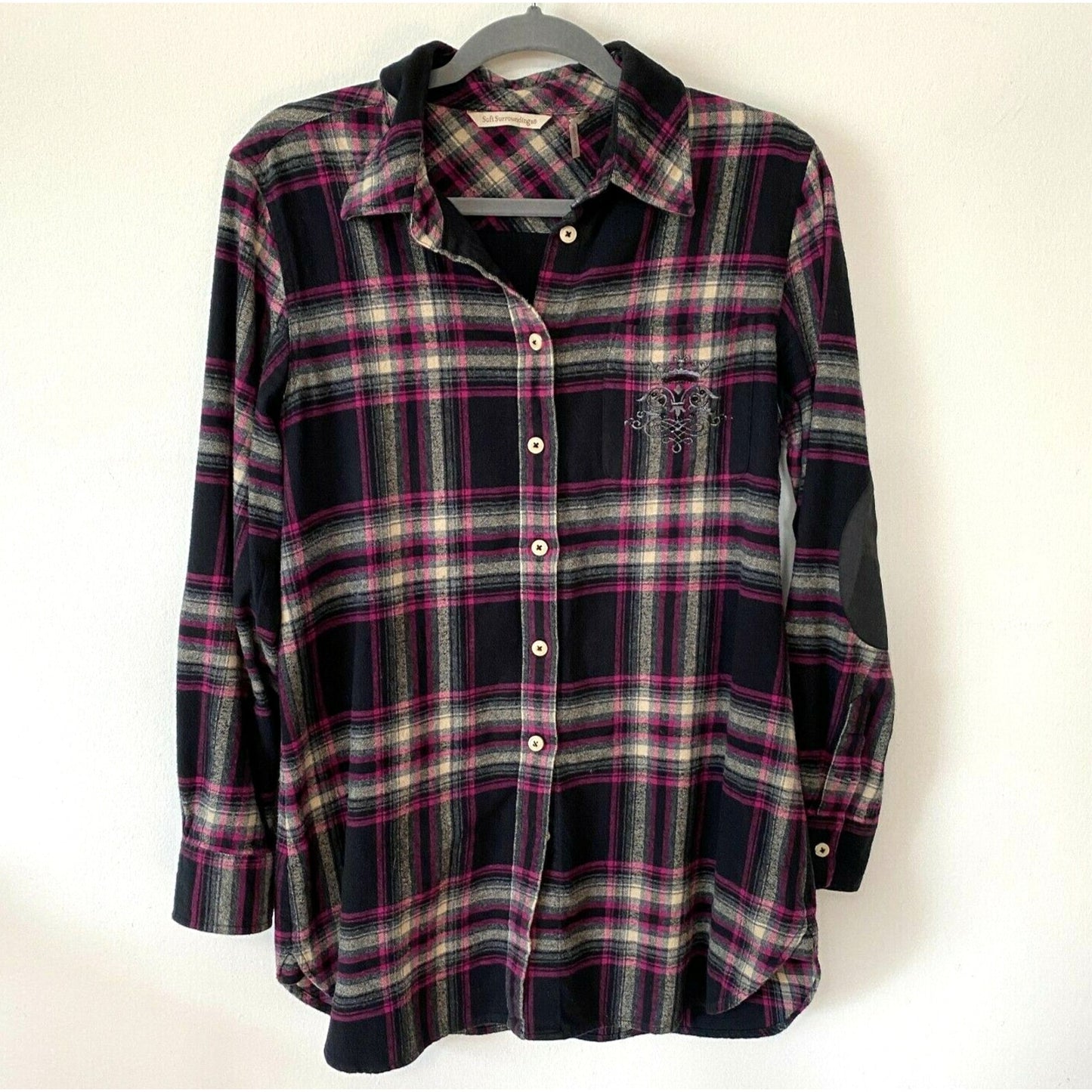 Soft Surroundings Magenta Black Plaid Button Elbow Patch Embroidered Pocket M
