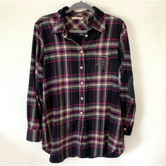 Soft Surroundings Magenta Black Plaid Button Elbow Patch Embroidered Pocket M