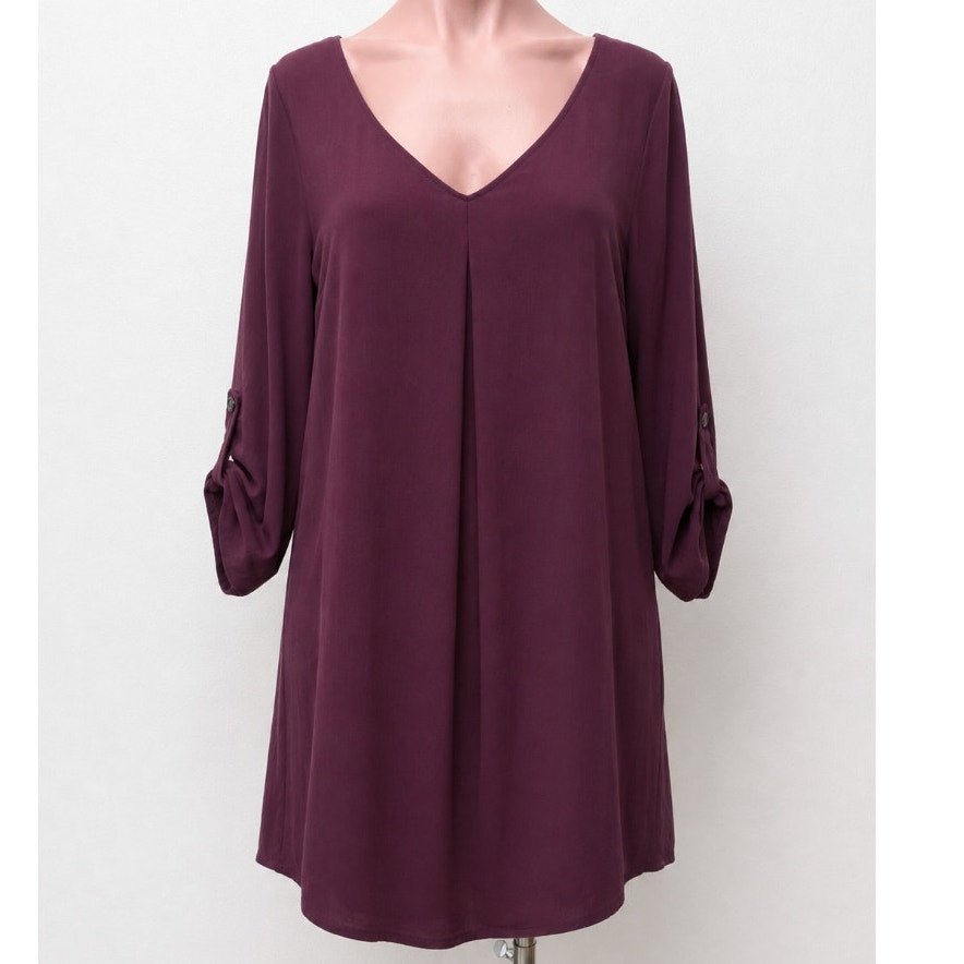 Lush Inverted Pleat V-Neck Plum Drapey Shirt Tail Dress 3/4 Tab Sleeves XS