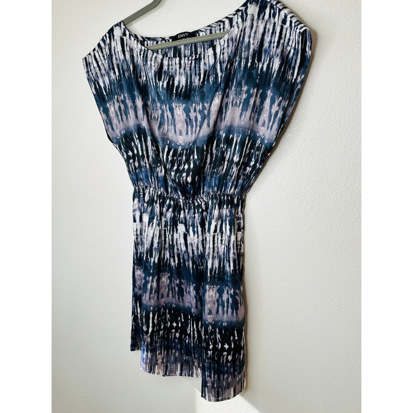 Envy Muted Steel Blue White Black Tie Dye Print Boat Neck Cinched Waist Dress M