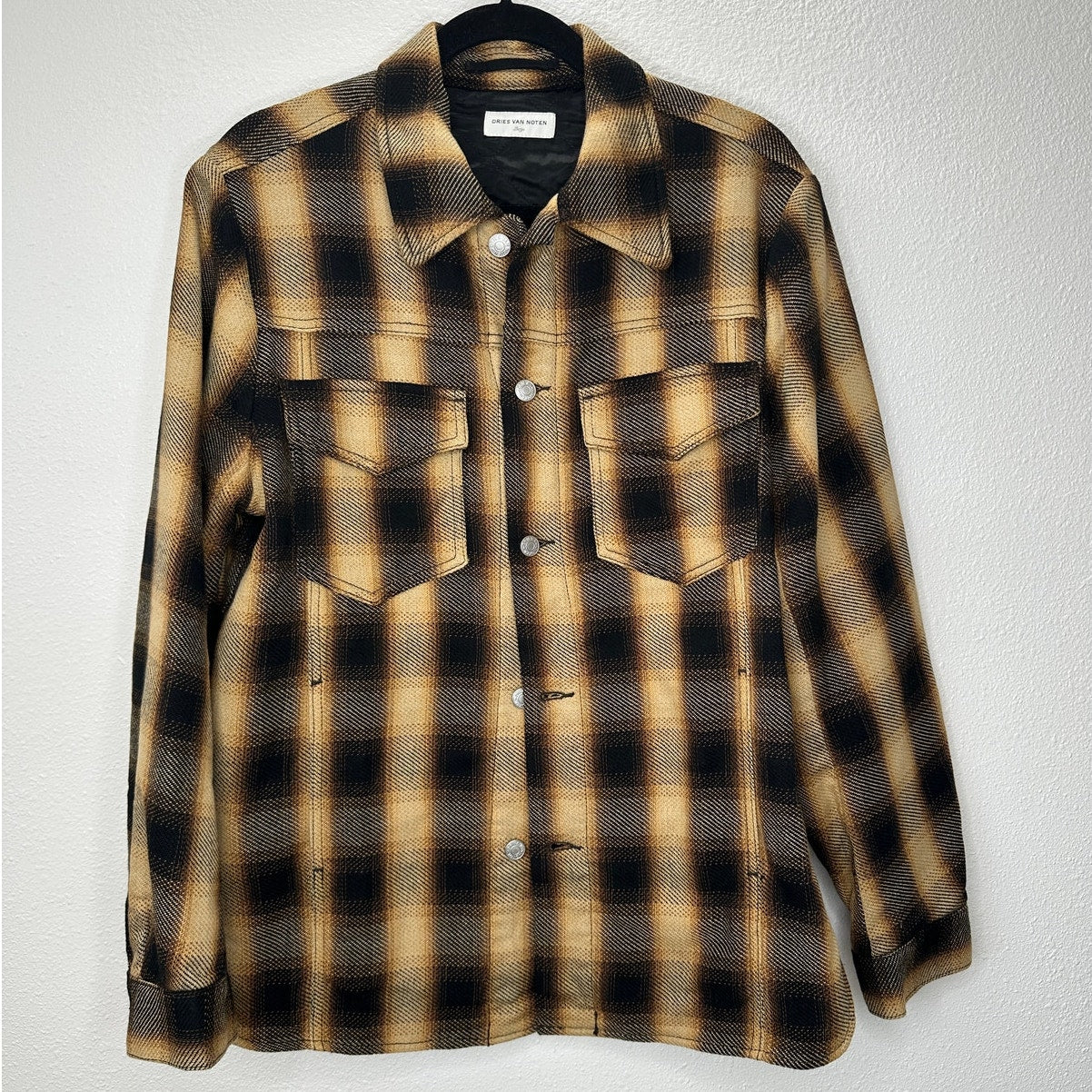 Dries Van Noten Butter Yellow Brown & Black Plaid Flannel Overshirt L