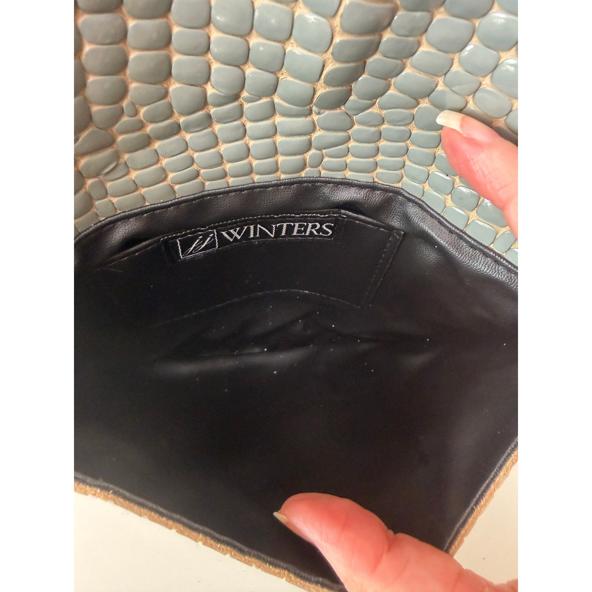 JJ Winters Blue Gray Croc Envelope Chain Bag Women's