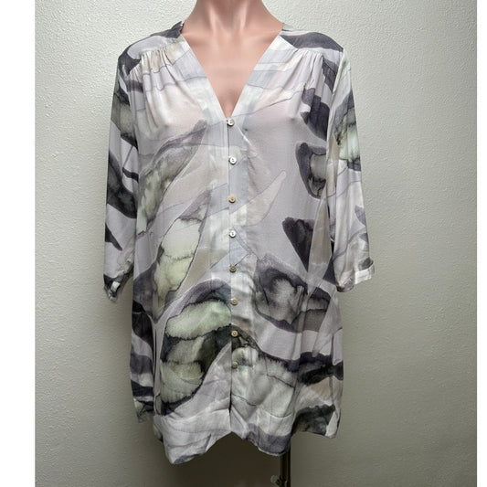 Poetry 100% Silk Blouse Gray Green Ivory Womens US 10 V Neck