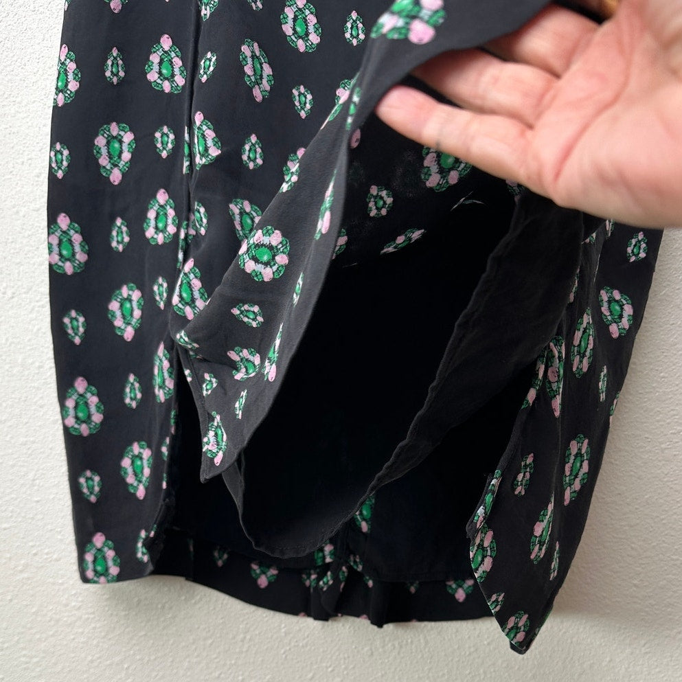 Alannah Hill Black Gem Print Front Slit Silk Skirt US 12
