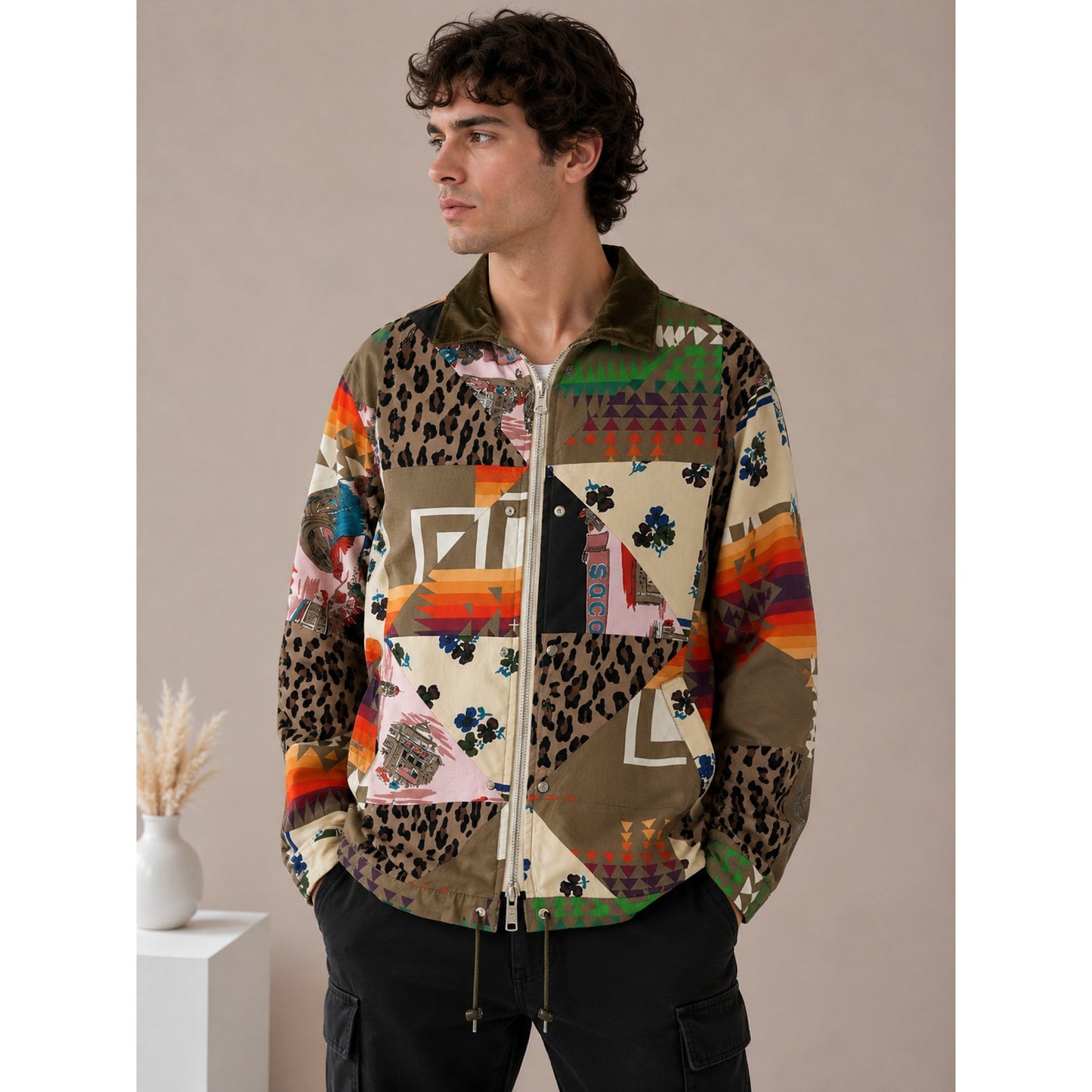 Sacai Tan Animal Mixed Print Patchwork Cotton Velvet Collar Zip Jacket 4 / XL