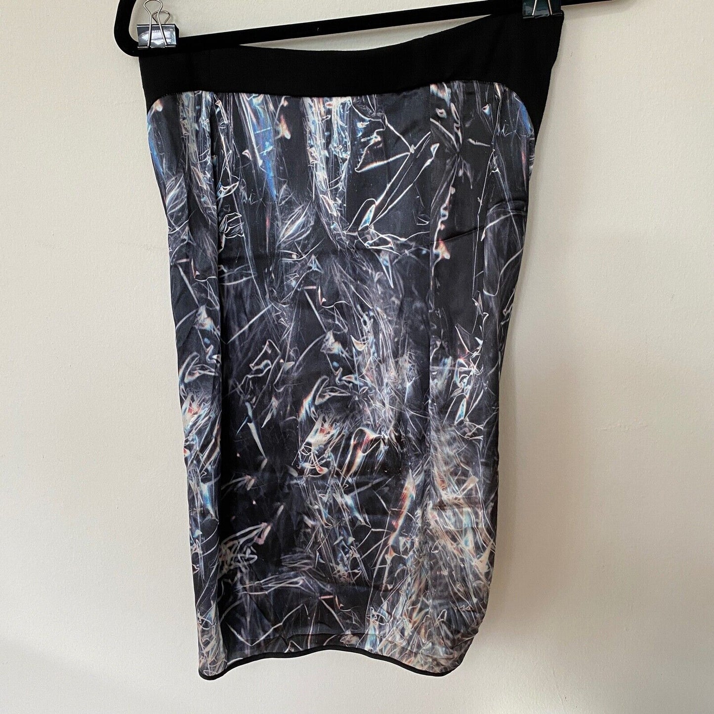 Helmut Lang SILK Cellophane Print Faux Tulip Hem Wrap Skirt Black Silver & Blue