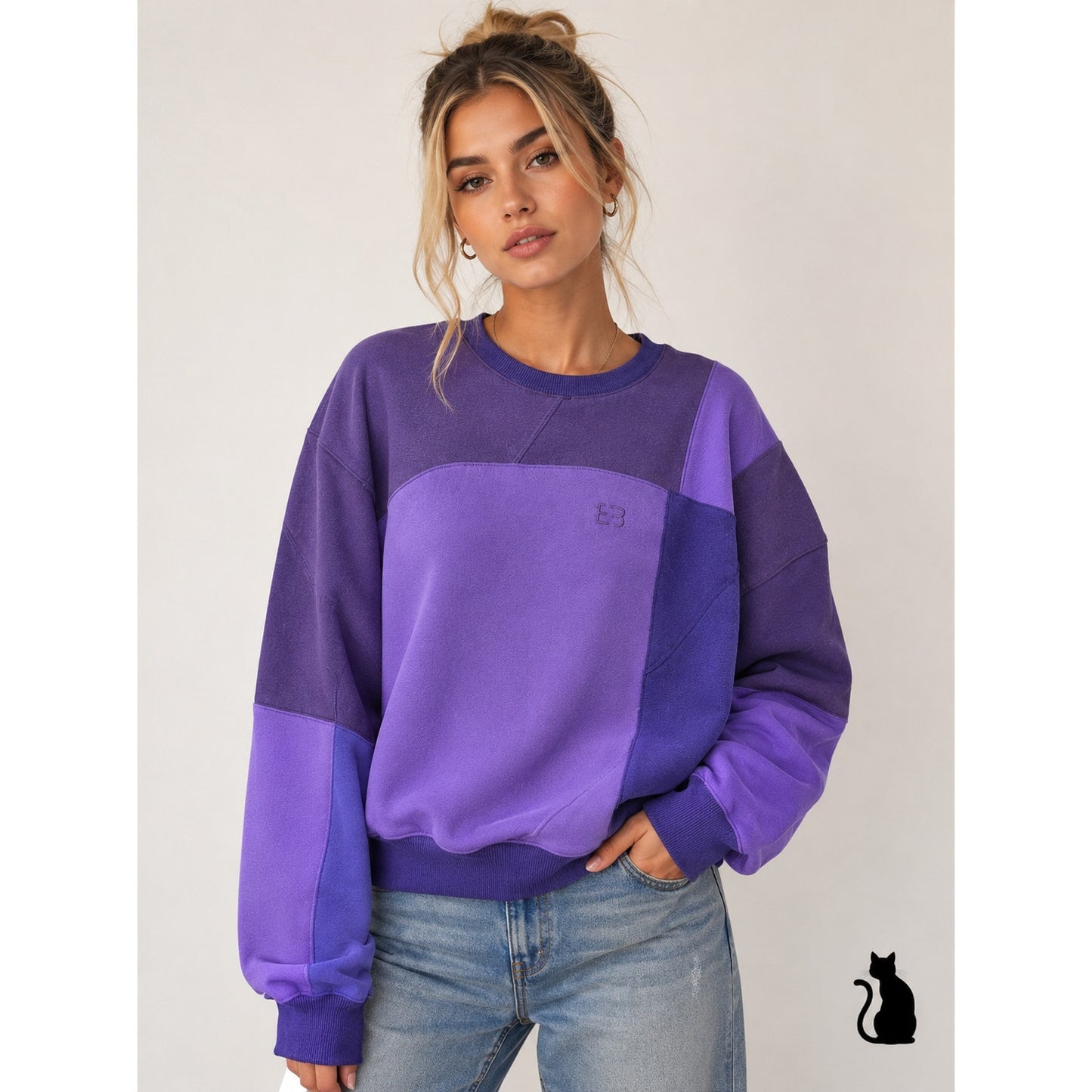 EB Denim Rich Purple Color Block Long Sleeve Crew Sweater Banded Wrist & Hem 1