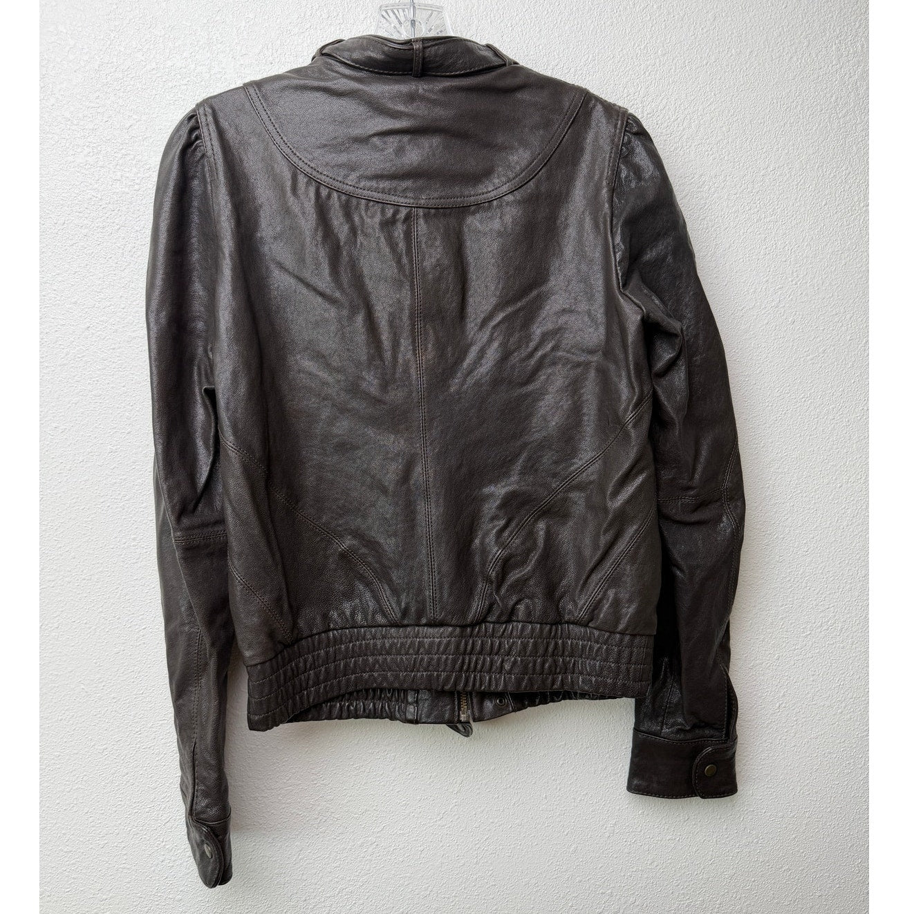 Ted Baker Brown Leather Jacket Womens US 6 Moto Gathered Zip